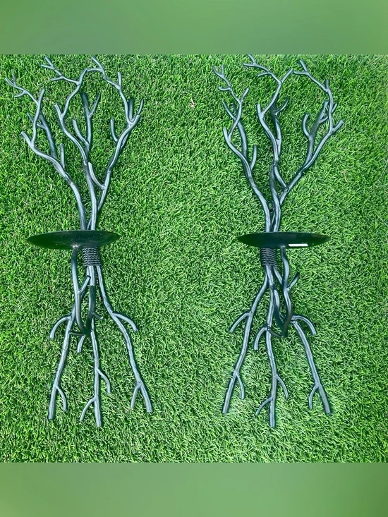 Crate & Barrel Twig Tree Branch Forged Iron Wall Sconces Candle Holders-Pair