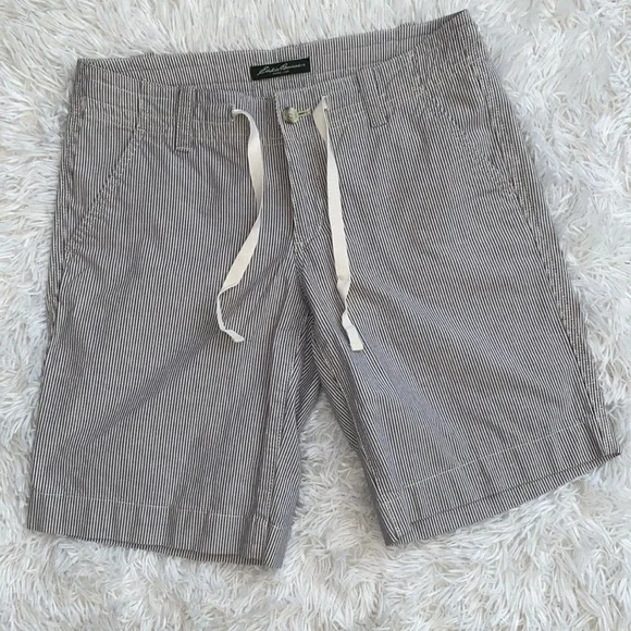 Eddie Bauer cream and black striped cotton Bermuda shorts