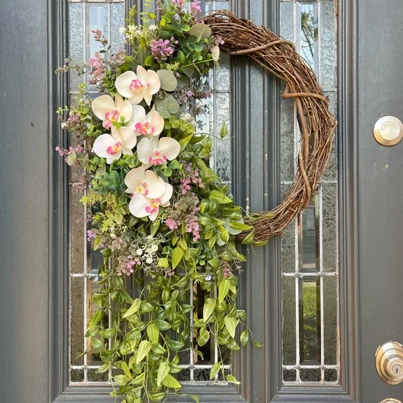 Elegant Orchid & Greenery Grapevine Wreath - Cream and Pink