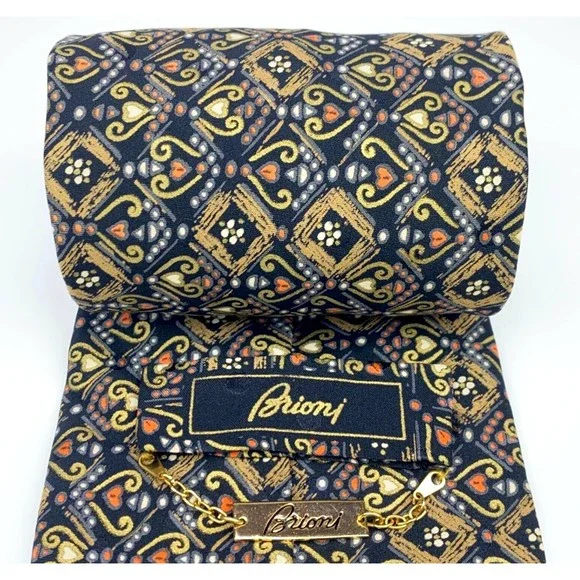 BRIONI Roma Black Gold Orange Gray Tie Mens Hearts Circles Art Necktie 60