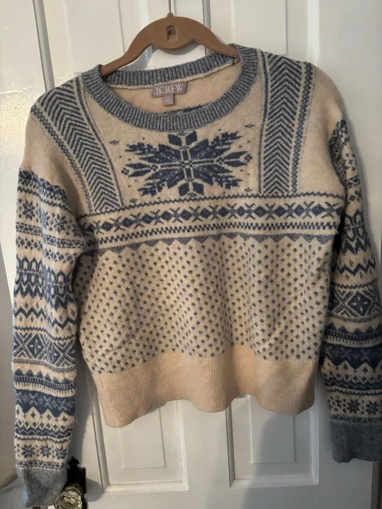 J. Crew Cream and Blue Snowflake Fair Isle Crewneck Sweater