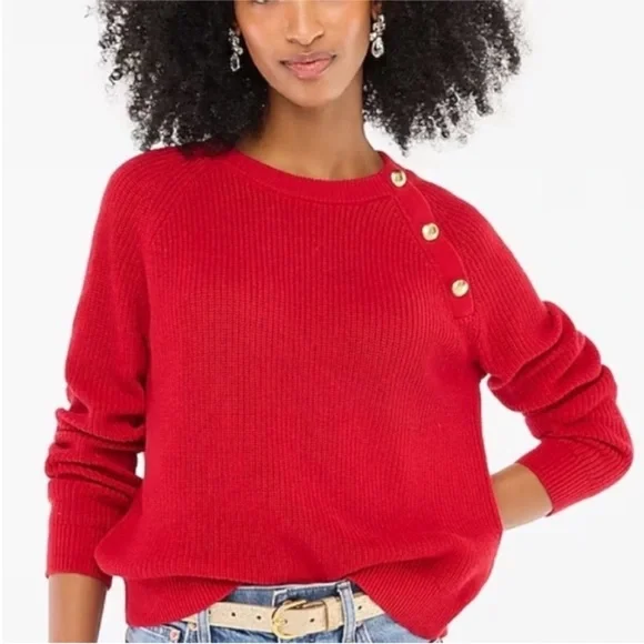 J.Crew Red Crewneck Sweater Gold Buttons J.Crew Factory Medium