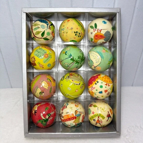 Crate&Barrel Twelve Days of Christmas Ornament Set PAPER MACHE‎ ORNAMENTS