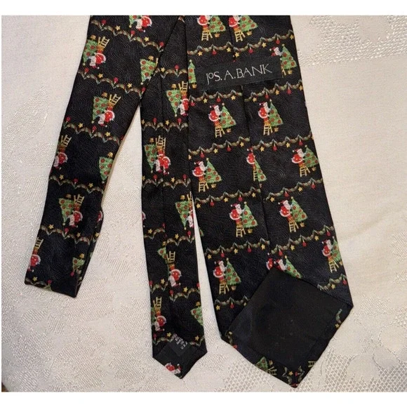Jos. A. Bank Christmas Necktie Santa Decorating Tree Black 100% Silk Made in USA