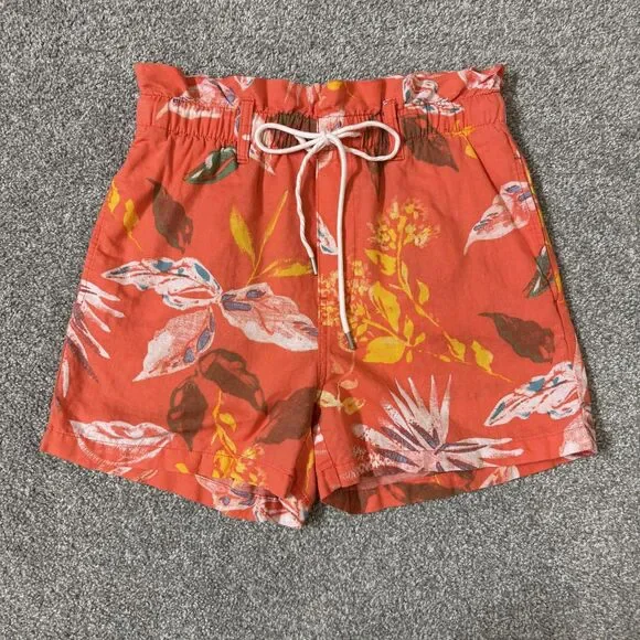Gap Paperbag Pull Shorts Womens Small Orange Tropical Floral Linen Blend Summer
