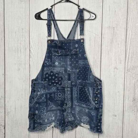 No Boundaries Denim Short Overalls Bandana Patchwork Juniors, sz XXXL/21