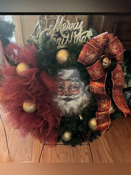 Handmade Vintage Red & Gold Santa Christmas Wreath - Home Holiday Decor