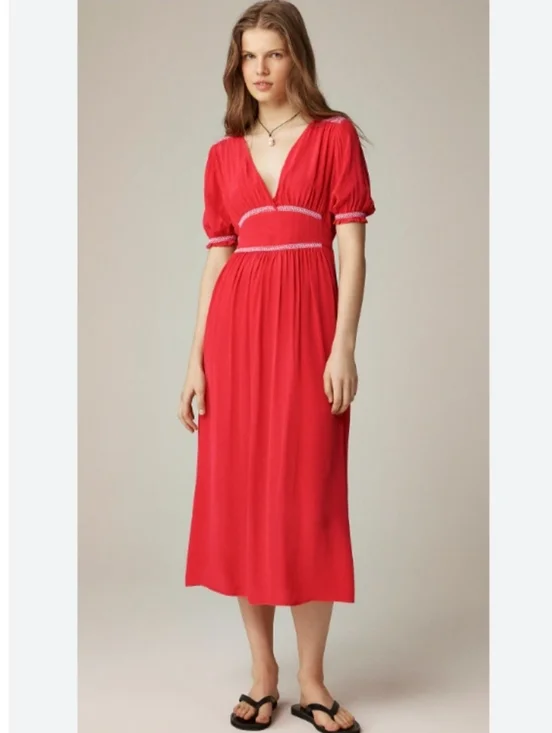 J. Crew Dress Smocked Vibrant‎ Red V Neck
