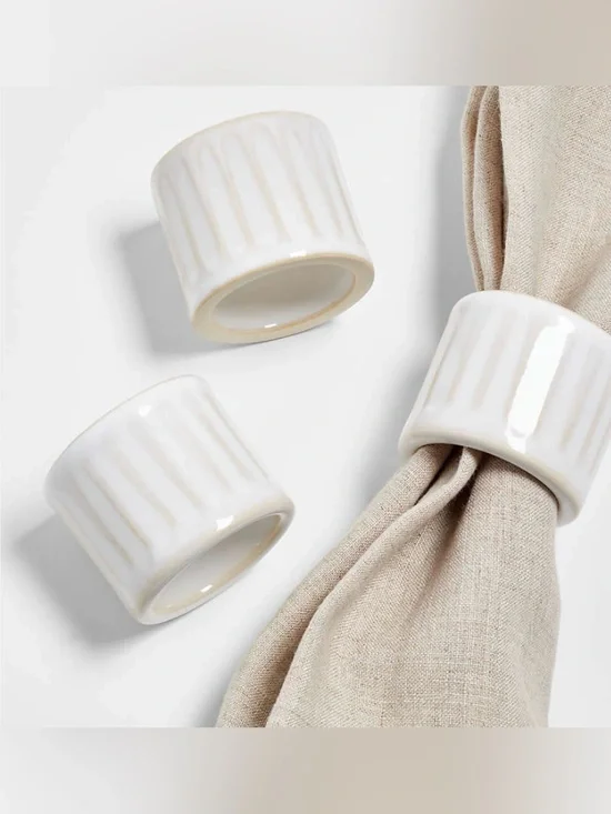 Crate&Barrel Cream Ribbed Ceramic Napkin Rings - Set of 6