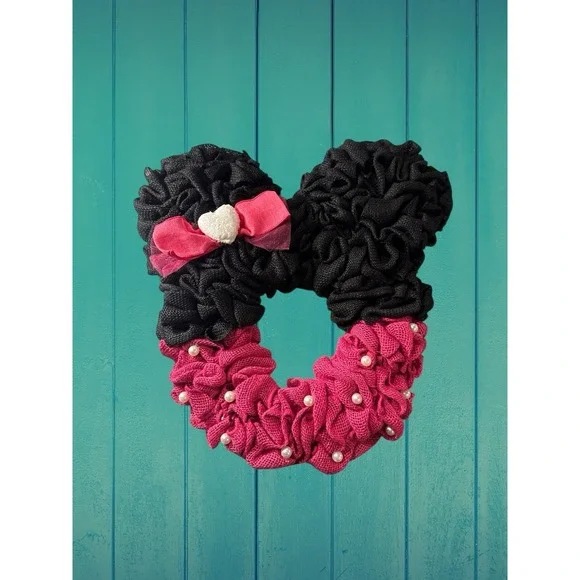 New Disney Minnie Mouse Wreath Pink Black Bow Heart Disneyana 21