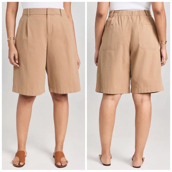 •VINCE• Washed‎ High Waisted Cotton Twill Shorts in Cocoon Khaki Beige Size 16