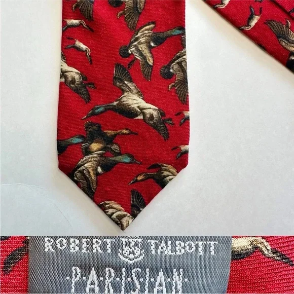 Vintage Silk Wool Robert Talbott PARISIAN Mallard Hunting Red Classic Tie, 4”