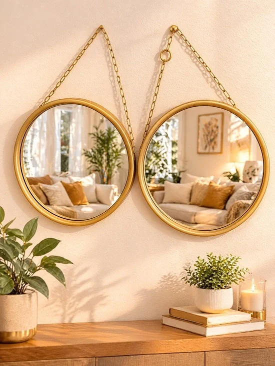 Gold Hanging Round Wall Mirrors (Set of 2)