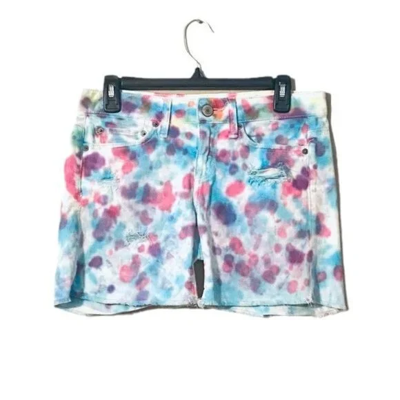 American Eagle Women's Tie Dye Denim Shorts Size 0 Boho Festival Colorfu…