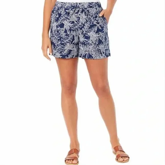 Briggs Women’s Linen Blend Floral Shorts Pockets Navy Blue Tropical Print
