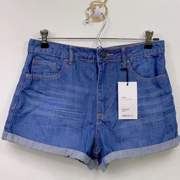Forever 21 Cuffed, High Rise denim shorts 27 dark denim.