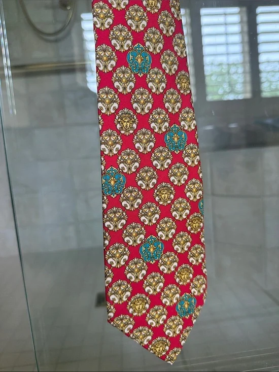 Versace Red Medallion Silk Tie with Gold and Teal Accents