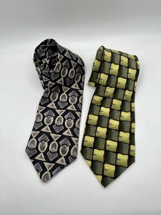 Vintage 1990s Silk Neckties Abstract Geometric Designer Mens Tie Lot Of 2 Green