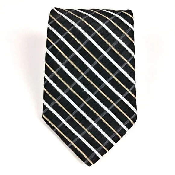 Tommy Hilfiger Designer Silk Necktie Two Tone Navy Blue Black White Striped Tie
