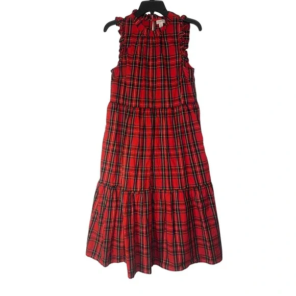 J. Crew Red Tartan Plaid Tiered Midi Dress Ruffle Neck Sleeveless Womens 6