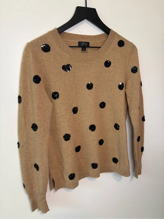 J. Crew Tan Polka Dot Heart Sequin Cashmere Sweater Size Medium