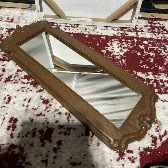 Vintage Ornate Baroque Detail Mirror, Rectangle, Faux Wood Frame.