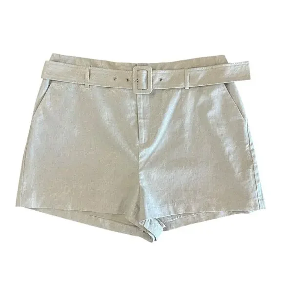 NINE WEST Beige Khaki Shimmer Linen Blend Belted Classic Shorts Women’s Size XL
