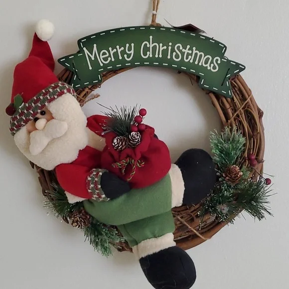 Vintage Felt Santa on Grape Vine Merry Christmas Wreath