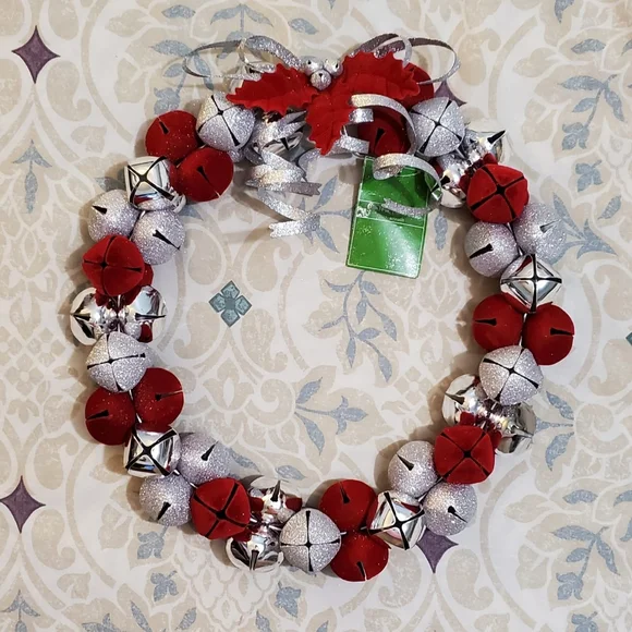 Silver And Red Velvet Jingle Bell Wreath Ornament. NWT