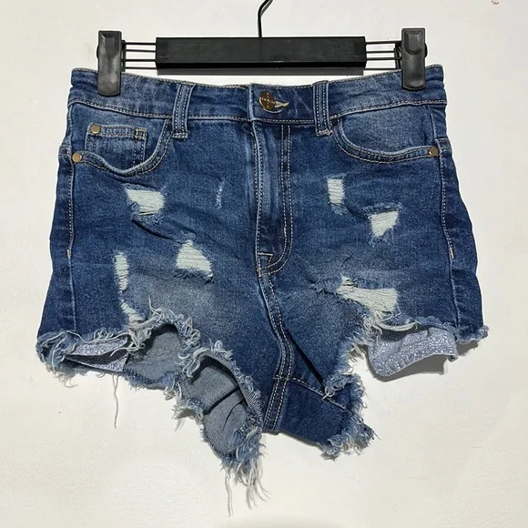 Kendall + Kylie Medium Wash Distressed High Rise Icon Denim Shorts Size 26