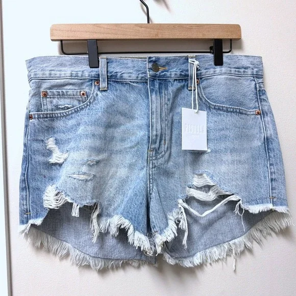 NWT Pistola‎ Distressed Denim Shorts Light Wash Frayed RW Hem 30 Festival Beachy