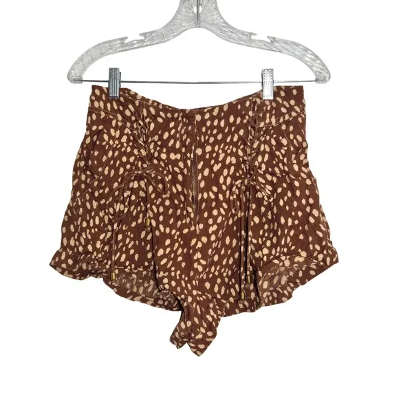 Free People Sz 6 Brown Spotted Lace Up Ruffle Hem Cotton Lounge Shorts‎ Womens
