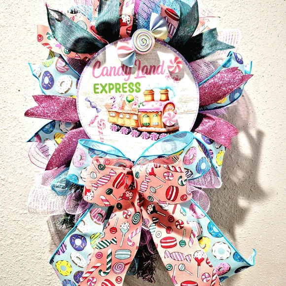 Candy Land Express Holiday Wreath - Pink, Blue, and White