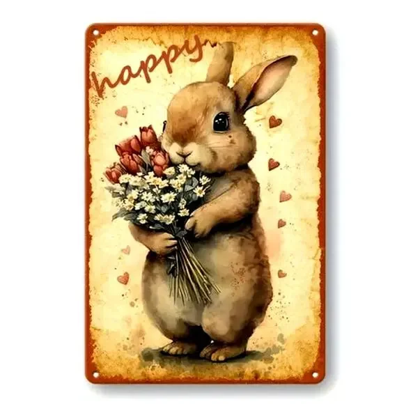 Rabbit sign Easter bunny w Flower Bouquet Vintage retro style wreath home decor