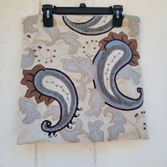 Crate & Barrel Gillespie linen blend embroidered paisley 18x18 pillow cover
