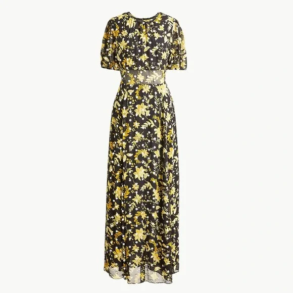 NWT $298 J.Crew Open-Back Metallic Clip-Dot Black Maxi Dress Golden Floral Sz 10