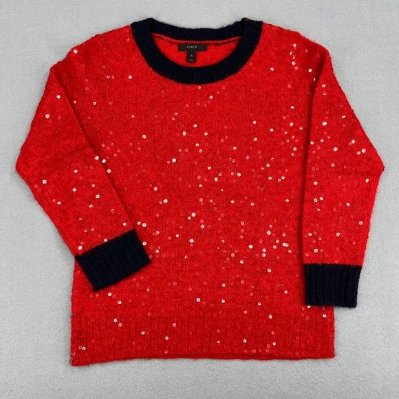 J. Crew Womens‎ Red Sequin Wool Mohair Blend Sweater Navy Trim Small