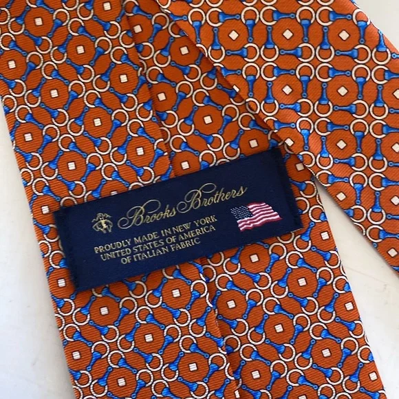 Brooks Brothers 100% Silk Orange, Blue and Gold Necktie. Made in New York