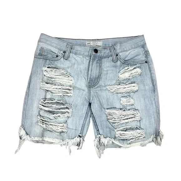 Free People Shredded Distressed Light Bleach Wash Baggy Bermuda Jean Shorts