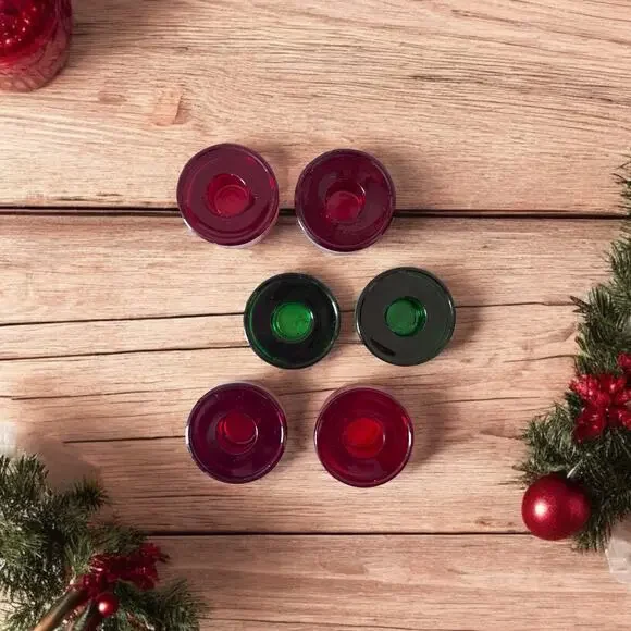 Crate & Barrel Red Green Glass Taper Candle Holders Round 2