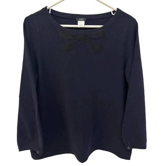 J. Crew Navy Beaded Bow Sweater Size L Wool Cashmere Blend 3/4 Sleeve‎