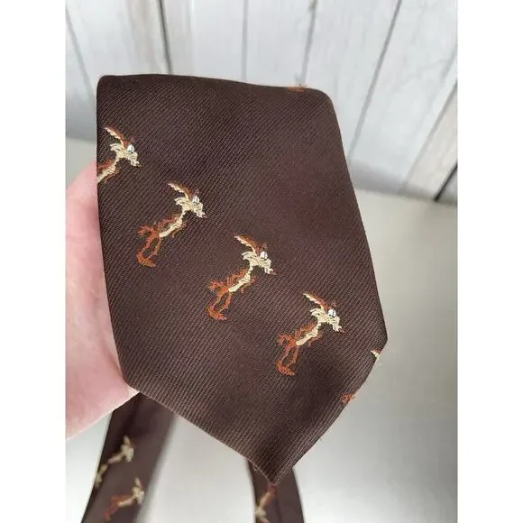 Vintage Warner Bros Studio Necktie Wylie Coyote Cartoon 70s Brown