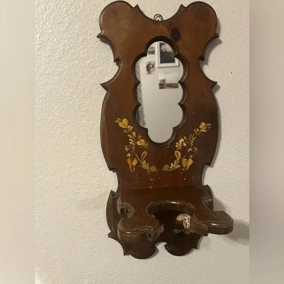Vintage Handmade Ozark Wood Mirror Wall Sconce Shelf Owl Painted Rustic Candle