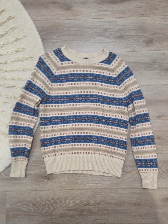J. Crew Cream Crewneck Sweater with Blue Fair Isle Pattern