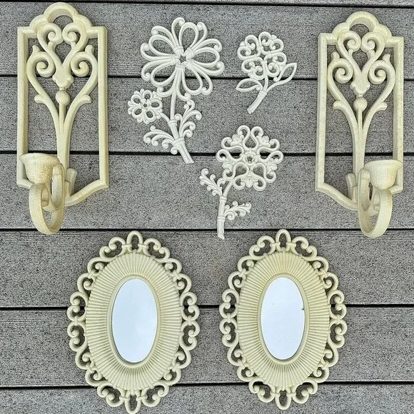 Cream Ornamental Wall Hook and Mirror Set - Decorative Floral Accents