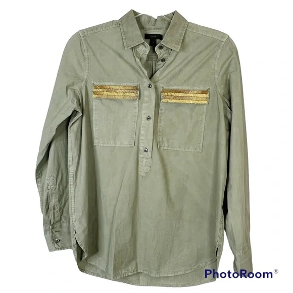 GUC J. Crew Olive Beaded Pocket Popover Shirt