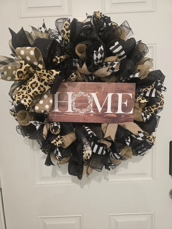 HOME Wreath with Black, Gold and Tan Accents Animal Print