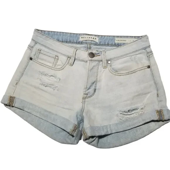 Bullhead Shorts 25 Jean Distressed Denim Girlfriend Light Wash Cuffed