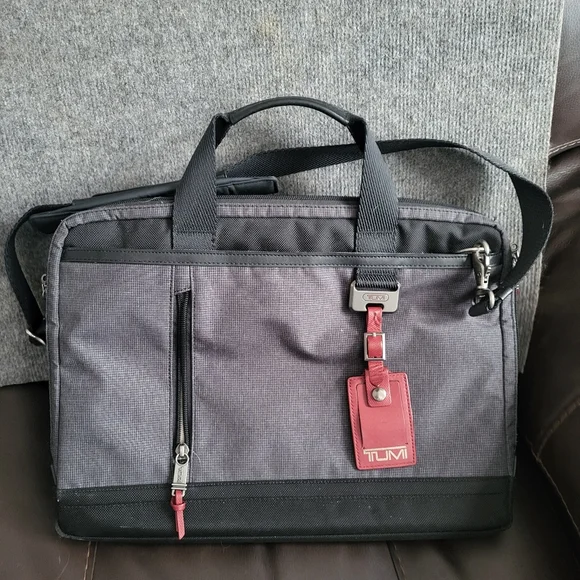 TUMI Charcoal Laptop Briefcase with Red Accents