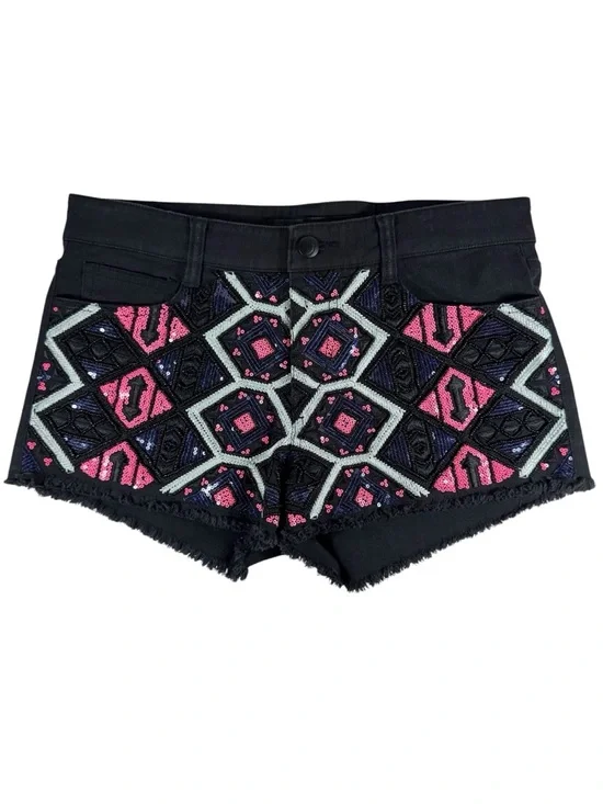JOE'S JEANS Black Denim Pink Sequin Embellished Shorts Women's 27 Frayed Fringe